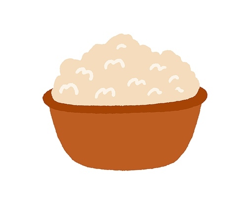 Bowl full of curd. Fresh cottage cheese on plate. Healthy sour dairy product. Food from milk drawn in doodle style. Colored flat vector illustration isolated on white .