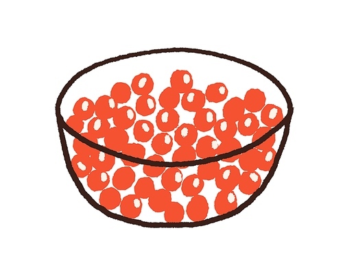 Red caviar in glass bowl. Delicacy food drawn in doodle style. Fresh luxury seafood. Premium restaurant snack. Colored flat vector illustration isolated on white .