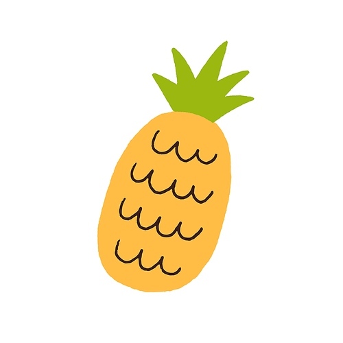 Pineapple with leaf. Sweet tropical fruit drawn in doodle style. Exotic ananas, fresh summer food icon. Ripe healthy eating. Flat vector illustration isolated on white .