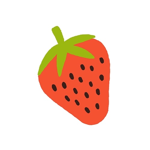 Strawberry with seeds and leaf. Fresh ripe red berry icon. Sweet natural garden food in doodle style. Flat vector illustration isolated on white .