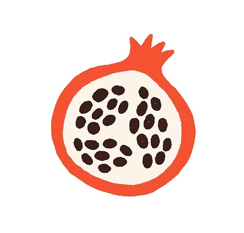 Pomegranate, cut half of fruit with seeds. Tropical garnet in doodle style. Raw food with peel and wedge, top view. Healthy organic vitamin. Flat vector illustration isolated on white .