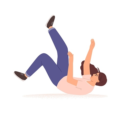Person falling down. Fall of young woman. Business or career failure, fiasco, problem and bad luck concept. Colored flat vector illustration of people in trouble isolated on white .
