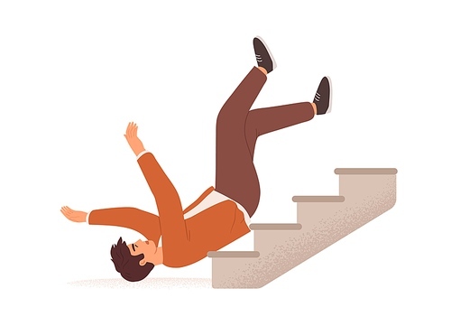 Person falling down from career ladder. Fall of young man from stairs. Failure, fiasco, problem and bad luck concept. Colored flat vector illustration of people in trouble isolated on white .