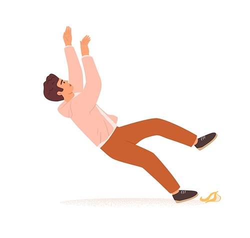 Careless person slipping on slippery banana peel and falling down. Concept of risks, failure, life obstacles and insurance. Colored flat graphic vector illustration isolated on white .
