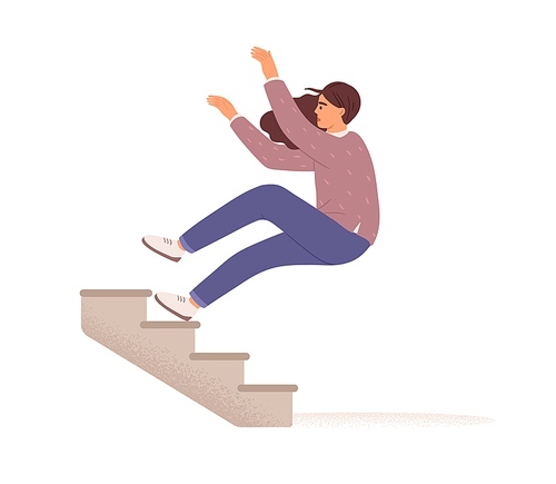 Employee falling down from career ladder. Fall of woman from stairs. Failure, fiasco, problem, trouble and mistake concept. Colored flat vector illustration isolated on white .