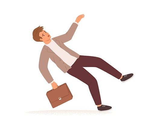 Businessman stumbling and falling down. Fall of young man with briefcase. Career failure, fiasco, crisis, problem and trouble concept. Colored flat vector illustration isolated on white .