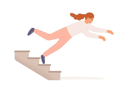 Employee falling down from career ladder. Sudden fall of woman from stairs. Work failure, fiasco, life problems and obstacles concept. Colored flat vector illustration isolated on white .