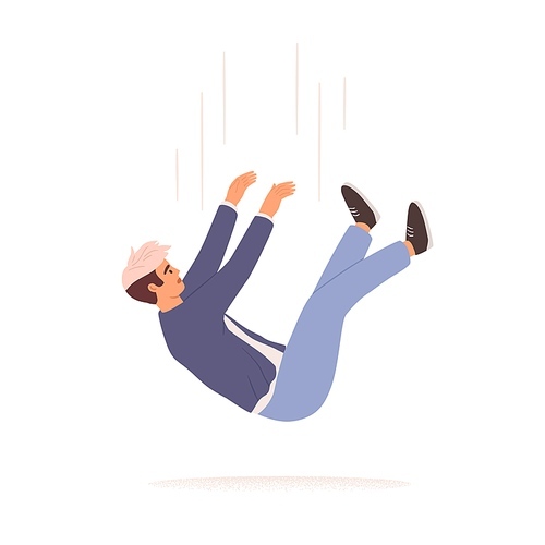 Person falling down from above. Fall of young man. Failure, fiasco, life crisis, tragedy, sudden problems and difficulties concept. Colored flat vector illustration isolated on white .