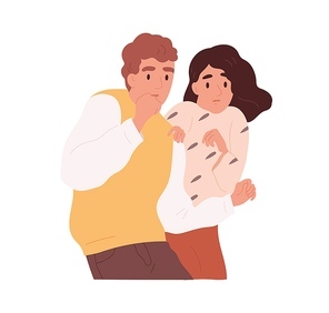 Afraid and frightened couple of people shaking with fear. Man and woman with scared face expression. Shocked horrified friends. Colored flat cartoon vector illustration isolated on white background.