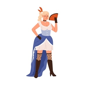 Prostitute of Wild West. Western whore woman portrait, standing in short dress, stockings and boots with fan. American sex worker from brothel. Flat vector illustration isolated on white .