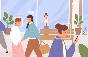 Digital technology of facial recognition. Biometric system recognizing and scanning people's faces in crowd. City video supervision, surveillance and monitoring concept. Flat vector illustration.