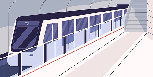 Subway train at metro station. Empty underground platform with public railway transport, glass barriers and closed cars. City metropolitan. Urban tube transportation. Flat vector illustration.