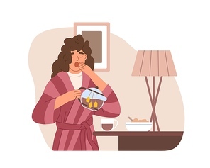 Sleepy woman yawning and drinking strong tea early in morning at home. Hard wakening of drowsy tired person. Female's drowsiness and sleepiness. Flat vector illustration isolated on white .