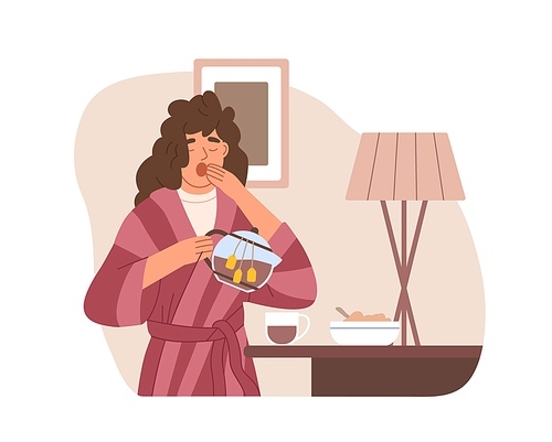 Sleepy woman yawning and drinking strong tea early in morning at home. Hard wakening of drowsy tired person. Female's drowsiness and sleepiness. Flat vector illustration isolated on white .