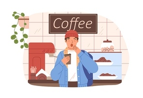 Sleepy yawning man with takeaway coffee cup on early morning. Drowsy person waking with coffe in coffeehouse. Drowsiness and sleepiness concept. Flat vector illustration isolated on white .