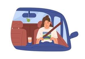 Sleepy tired woman driver in car. Drowsy asleep person driving auto. Female sleeping during ride early in morning. Flat vector illustration of drowsiness in automobile isolated on white .
