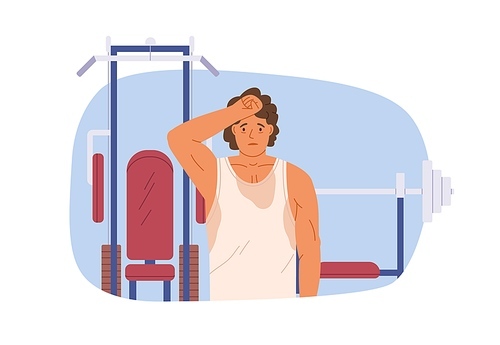 Tired exhausted sweated man in gym after workout. Unhappy fatigue sweaty person after training. Exhaustion and tiredness from physical exercises. Flat vector illustration isolated on white .