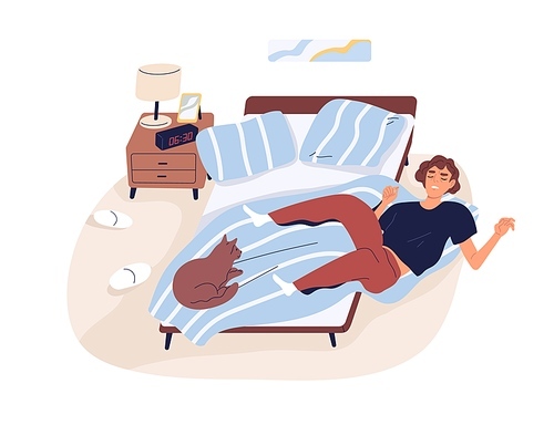 Sleepy drowsy person waking up hard in early morning, sliding down from bed to floor. Lack of sleep concept. Man sleeping and trying to get up. Flat vector illustration isolated on white .