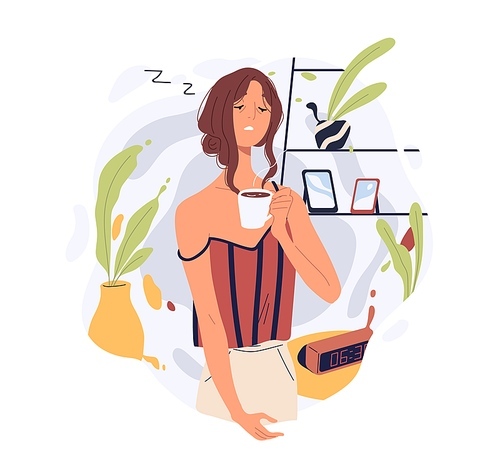 Sleepy tired person waking up with coffee cup. Drowsy woman with hot tea at home. Hard daily morning routine and early Monday wakeup concept. Flat vector illustration isolated on white .