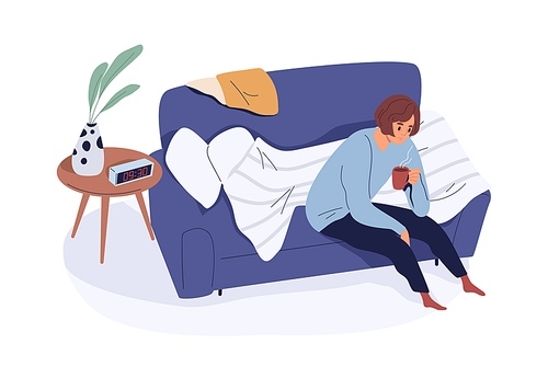 Sleepy tired person on sofa, waking up with cup of coffee in early morning. Drowsy sad woman sitting on couch with tea. Lack of sleep concept. Flat vector illustration isolated on white .