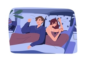 Couple sleeping in bed at night. Good sleep of man and woman. Young people lying and dreaming together with pillows and blanket in bedroom at home. Flat vector illustration of two partners asleep.