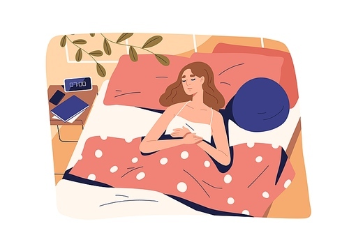 Woman sleeping in bed. Peaceful morning sleep of person. Female asleep in cozy comfy bedroom at home, lying and dreaming alone on pillows under blanket. Flat vector illustration of human relaxing.