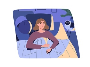 Woman suffering from insomnia in bed, lying at home bedroom at sleepless night. Awake, insomniac and tired person with bad sleep disorder. Concept of sleeplessness problem. Flat vector illustration.