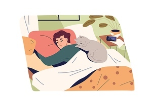 Morning sleep of man with cute cat asleep and lying on him. Person sleeping in bed with kitty. Male dreaming on pillow under blanket in bedroom. Flat vector illustration of guy and pet relaxing.