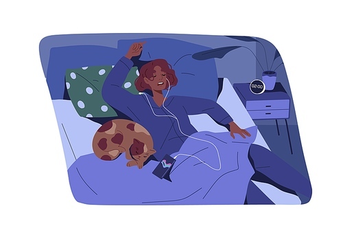 Night sleep of woman in earphones listening to music in bed. Person fall asleep with smartphone. Female sleeping with cat in bedroom. Human and kitty relaxing together. Flat vector illustration.