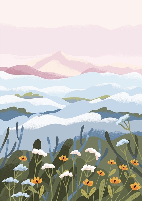 Peaceful landscape with fog over meadow of spring flowers in morning. Calm idyllic nature in mist.Tranquil serene scenery. Still quiet scene of countryside environment. Flat vector illustration.