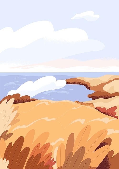 Peaceful fall landscape. Calm autumn nature with sea, sky horizon and clouds. Serene picturesque view from coast. Idyllic scenery. Countryside scene with water. Colored flat vector illustration.