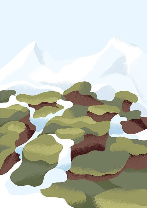 Calm mountain landscape. Peaceful spring nature with peaks in ice and snow. Serene tranquil scenery of highlands with mounts in green grass. Idyllic scene in morning. Colored flat vector illustration.