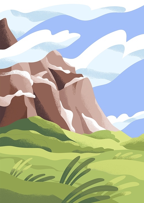Peaceful landscape with cliff, sky horizon and grass. Serene idyllic summer nature with rock and clouds. Calm scenery. Tranquil countryside environment. Colored flat vector illustration.