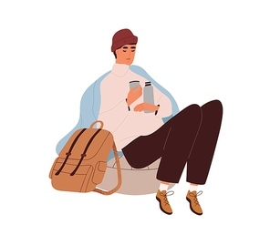 Tourist resting and warming with hot drink from thermos. Hiker with backpack relaxing. Backpacker man during relaxation after hiking, trekking. Flat vector illustration isolated on white background.