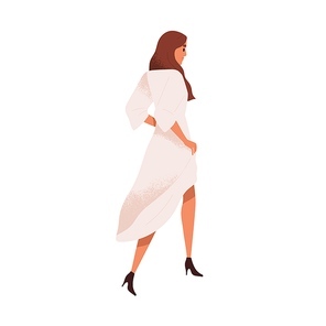 Young elegant woman walking. Pretty graceful female in dress and heeled shoes going away. Happy beautiful handsome person strolling. Flat vector illustration isolated on white background.