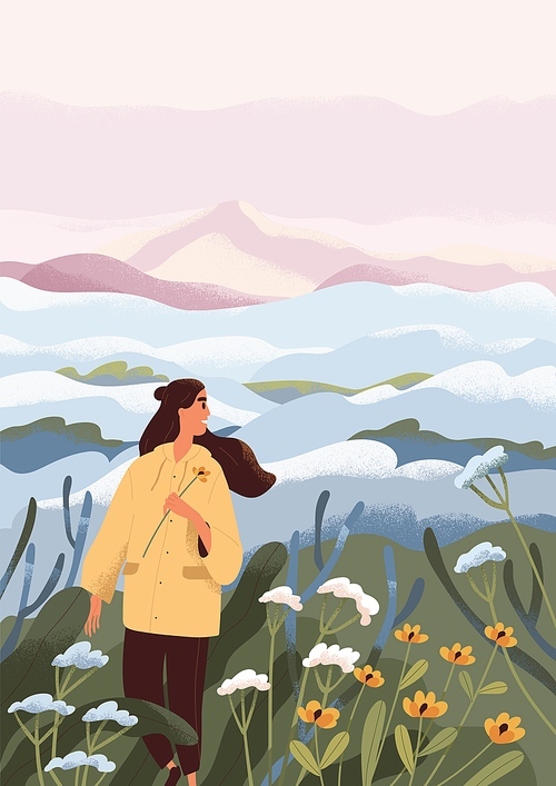 Woman walking in peaceful nature alone. Happy person enjoying outdoor landscape. Adventure and rest in flower meadow in fog. Morning travel in peace and solitude. Colored flat vector illustration.