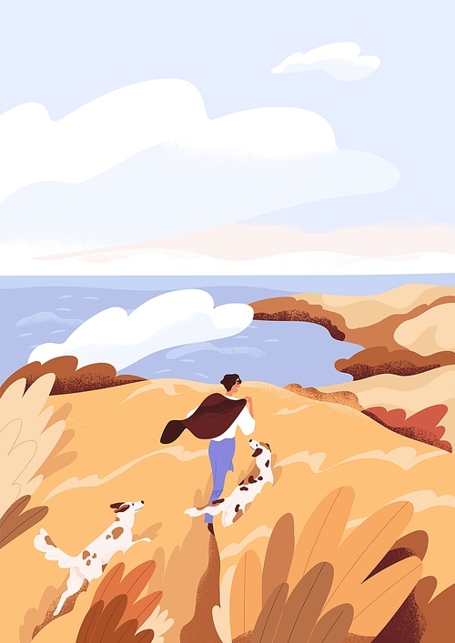 Person walking with dogs in peaceful autumn nature. Happy man and pets outdoors, resting by sea on fall holidays. Serene landscape. Happiness and freedom concept. Colored flat vector illustration.