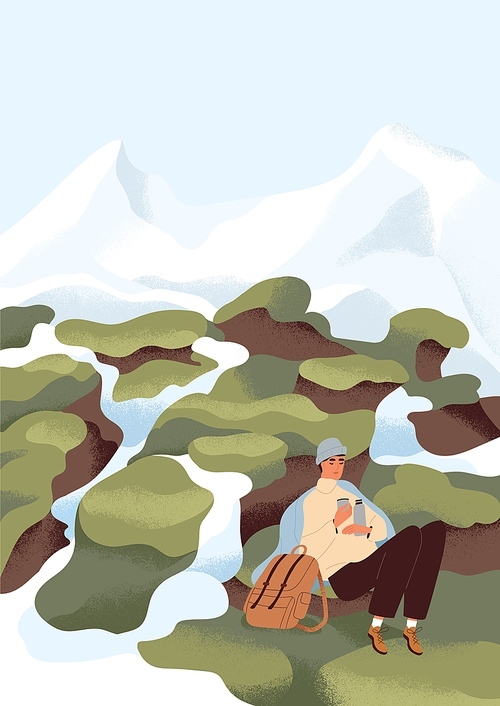 Person resting in nature after hiking alone. Hiker relax with tea in calm peaceful spring landscape with mountain, snow and sky. Explorer with backpack at outdoor adventure. Flat vector illustration.