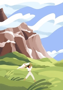 Happy relaxed person in peaceful nature alone. Free woman walking and running outdoors in summer wind, enjoying calm serene landscape with grass, mountain and sky with clouds. Flat vector illustration.