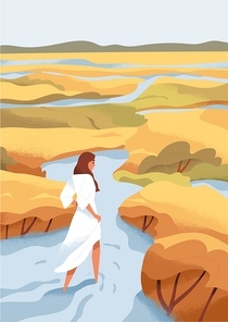 Person exploring nature, walking in peaceful landscape alone. Explorer in journey. Serene woman travel in valley in solitude. Concept of searching and discovering way. Colored Flat vector illustration.
