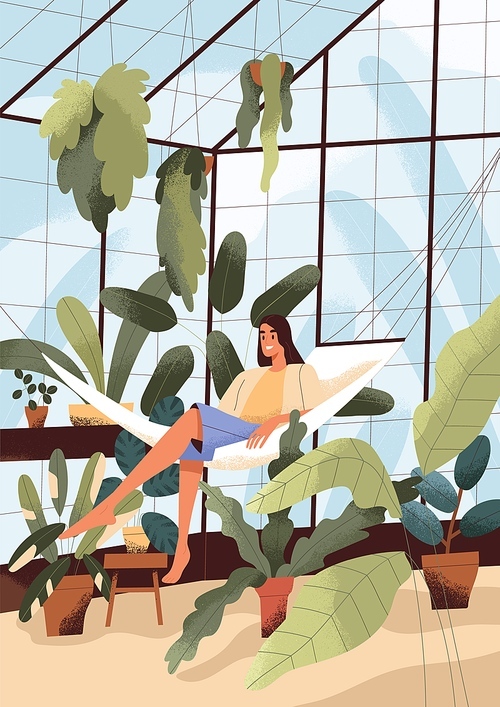 Person relaxing in home greenhouse among potted plants. Happy woman on hammock in green house at leisure. Female resting in glass winter garden with houseplants, urban jungle. Flat vector illustration.