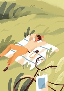 Man relaxing and sleeping on grass on summer holidays. Young person resting in solitude in peaceful nature. Happy guy lying on blanket outdoors. Summertime leisure, slow life. Flat vector illustration.