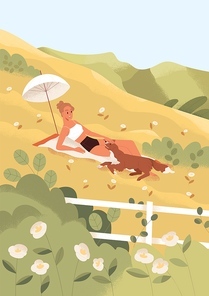 Person relaxing in nature alone, sunbathing. Happy woman and dog resting outdoors on summer holidays. Female lying in serene peaceful meadow with flowers in summertime. Flat vector illustration.