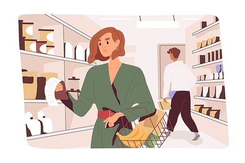 Customer checking grocery list, buying food according to checklist in supermarket. Planned shopping concept. Woman buyer with basket in retail store. Everyday life scene. Flat vector illustration.