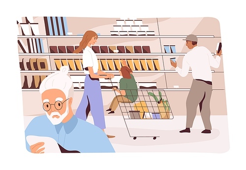 People shopping in grocery store. Customers with carts and trolleys choose and buy food in supermarket. Buyers walk in hypermarket aisle, make purchases in produce department. Flat vector illustration.