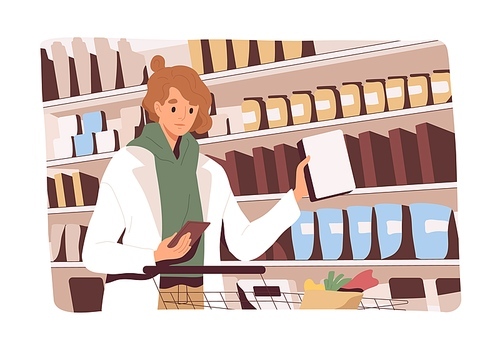 Customer choosing and buying food with smartphone in grocery store, taking product from supermarket shelf. Woman buyer making purchases according to shopping list on phone. Flat vector illustration.