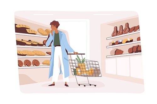 Customer choosing bakery, making purchases in grocery store. Buyer with shopping cart in aisle with shelves, buying bread in supermarket. Daily life scene in food hypermarket. Flat vector illustration.