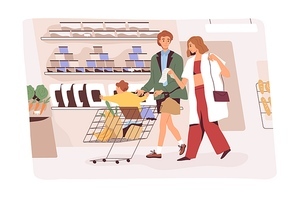 Family with kid in grocery store. Parents with child in shopping cart, walking in supermarket, buying products according to purchase list. People consumers in hypermarket. Flat vector illustration.