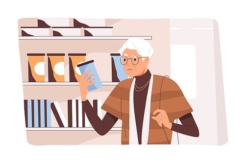 Senior customer choosing groceries in food supermarket. Elderly woman studying product composition. Consumer doing shopping, making purchases in store. Flat vector illustration of buyer in hypermarket.