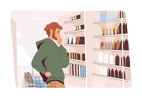 Customer doing shopping, choosing products in supermarket. Pensive consumer thinking before making choice. Thoughtful man buyer with basket in store. Flat vector illustration of shopper in hypermarket.